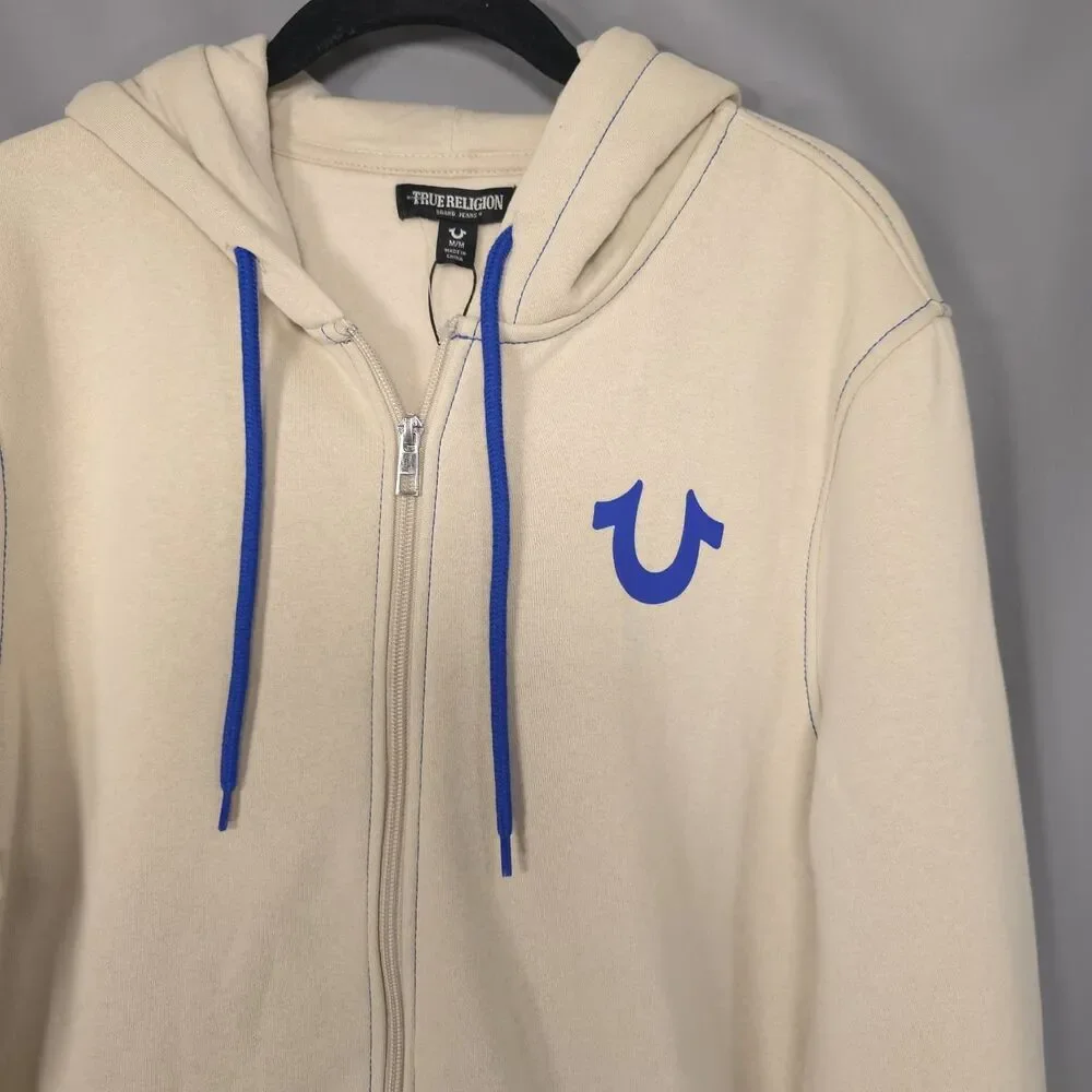 TRUE RELIGION Men's New MEDIUM Full Zip Hoodie Fog Beige Buddha Guitar 701400